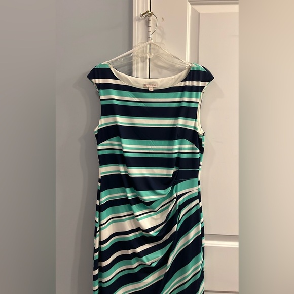 🍀EUC! Dressbarn striped sleeveless sheath dress navy/ivory/aqua Size 16 🍀 - Picture 2 of 6